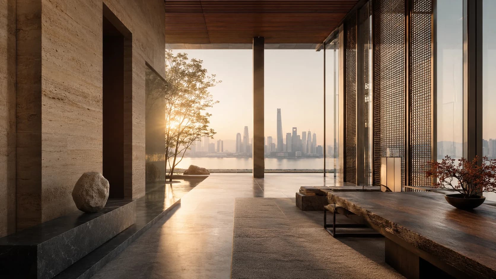 Representative space overlooking a river port at sunset