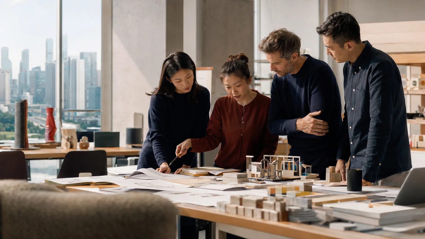 Italian and Chinese teams working on prototypes and technical drawings